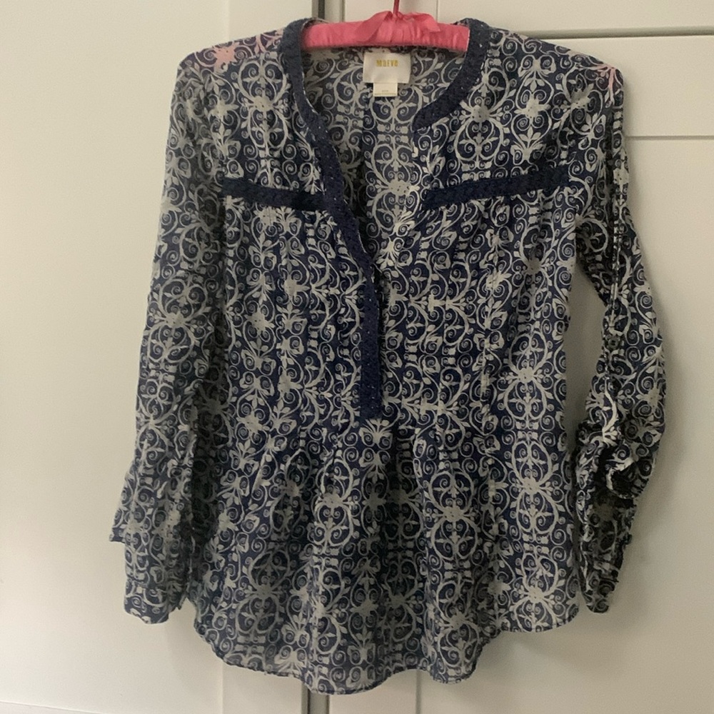Anthropologie Maeve blue batik peplum bottom shirt